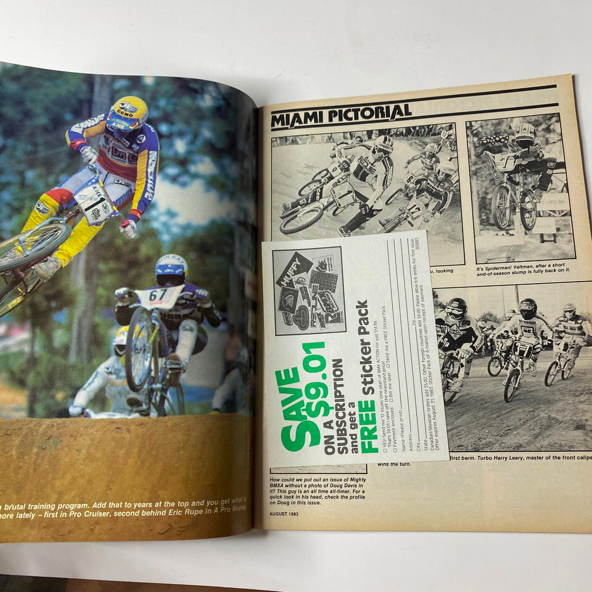 BMX Action Magazine August 1983 featuring Turbo Harry Leary in action during the Miami leg of the NBL War of the Stars. A colorful depiction of vintage BMX racing culture.