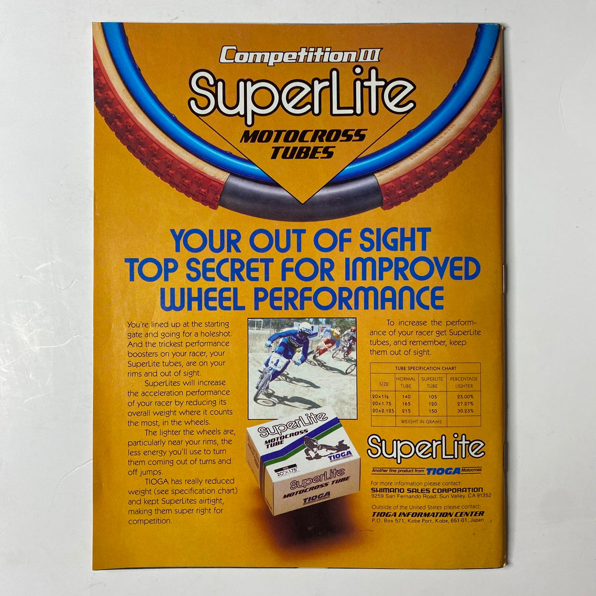 Advertisement for SuperLite Motocross Tubes in BMX Action Magazine August 1983, highlighting top-secret improvements for better wheel performance.