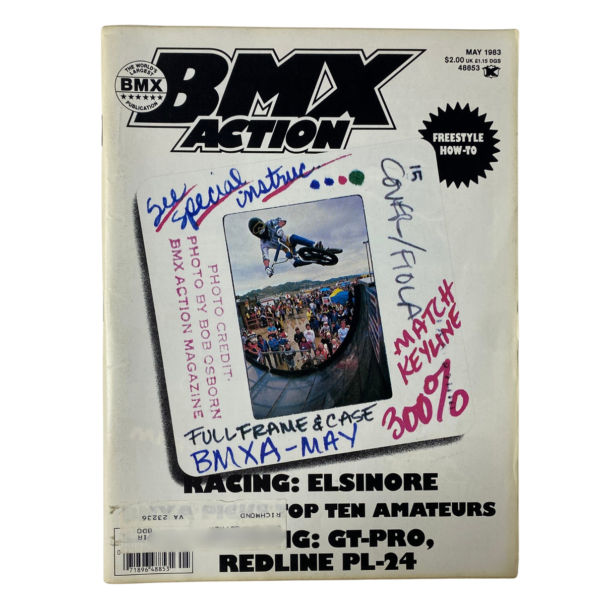 Cover of BMX Action Magazine May 1983 Vol 8 No. 5 featuring Eddie Fiola, showcasing a BMX rider mid-air on a half-pipe, with magazine title and issue highlights.