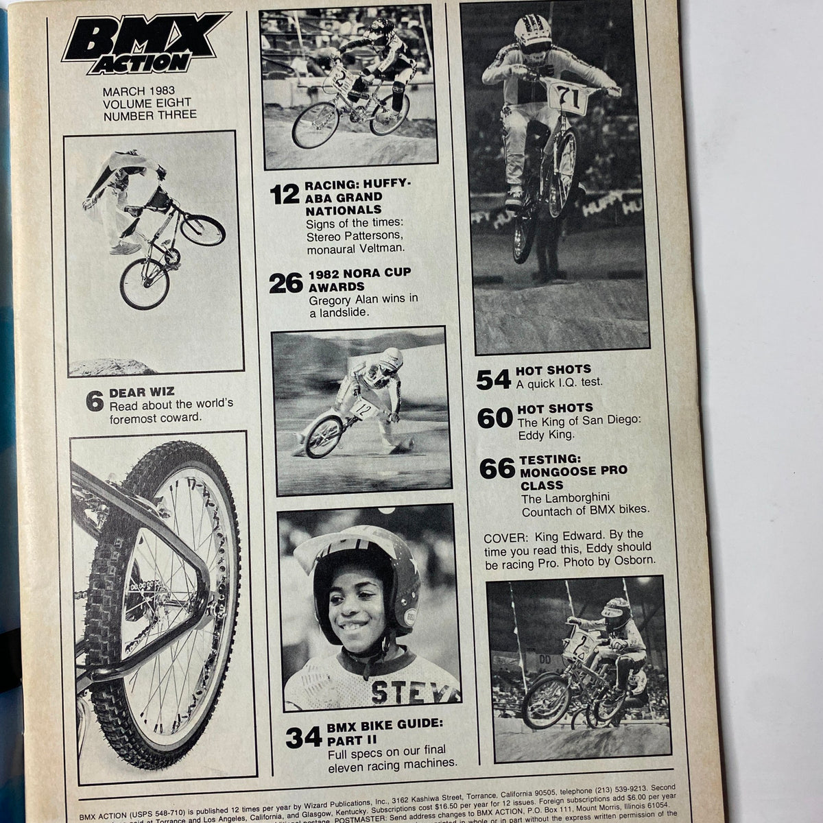 Inside page of BMX Action Magazine March 1983 featuring race summaries, including Huffy-ABA Grand Nationals and the 1982 NORA Cup Awards.
