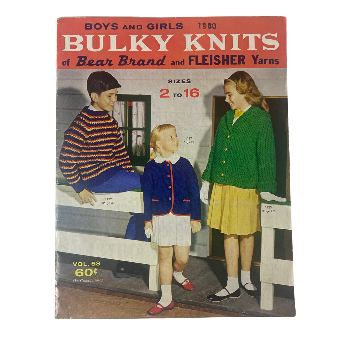1960 Vol 52 Bulky Knits Boys and Girls Catalog cover showcasing children in colorful hand-knit outfits, perfect for vintage knitting enthusiasts.