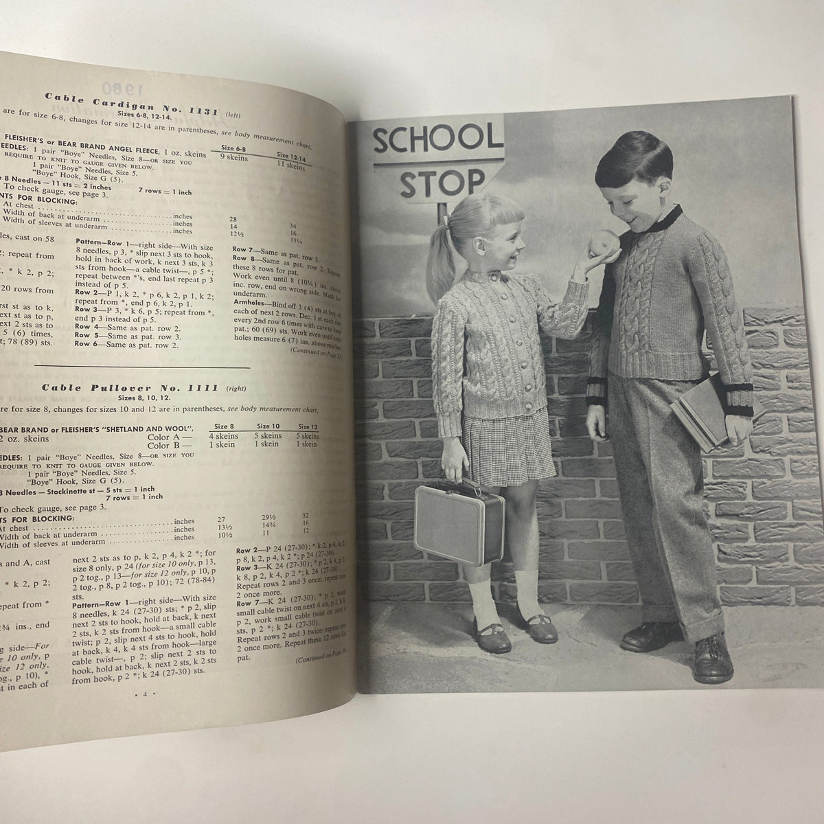 Featured spread from the 1960 Vol 52 Bulky Knits Boys and Girls Catalog displaying patterns for Cable Cardigan No. 1133 and Cable Pullover No. 1111.