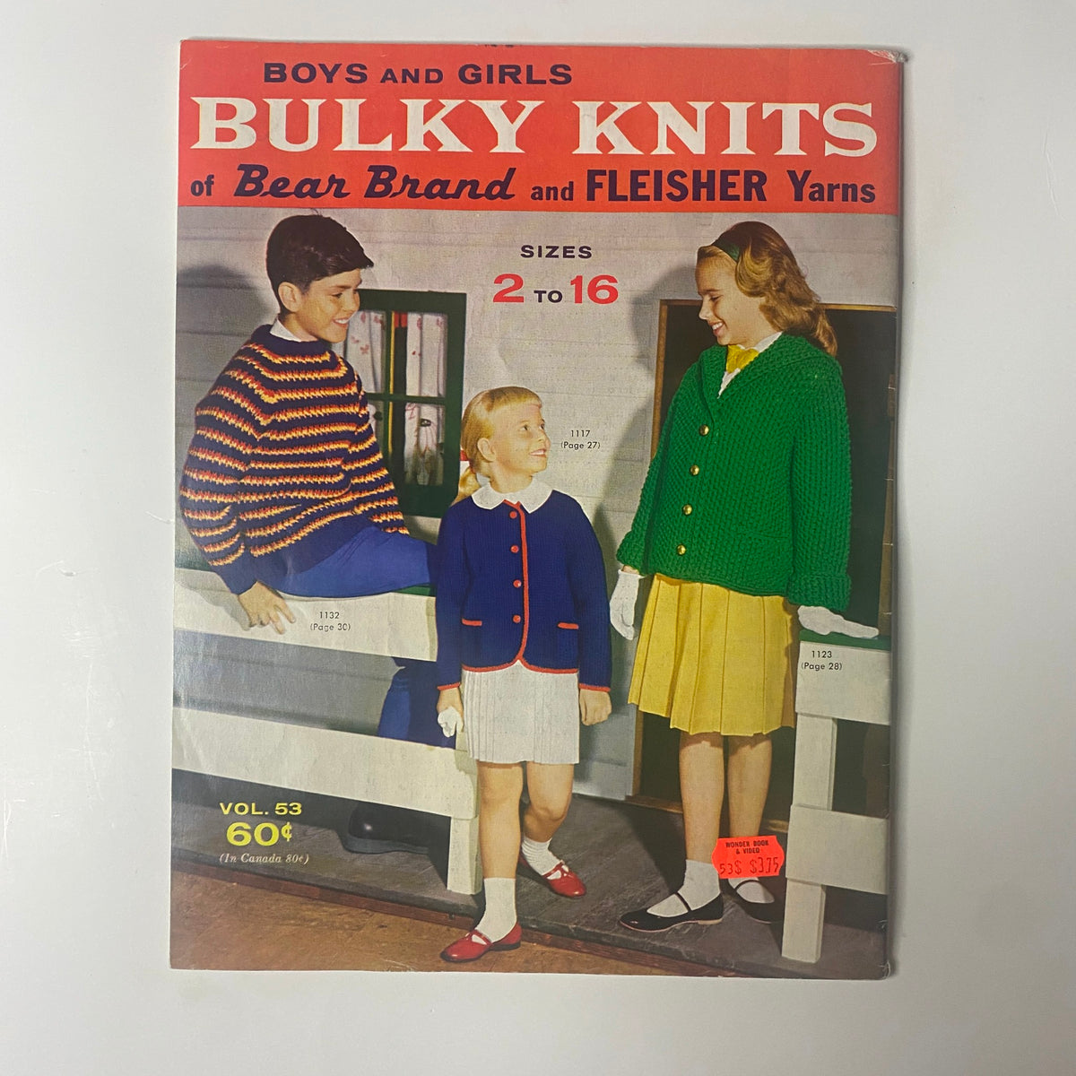 1960 Vol 52 Bulky Knits Boys and Girls Catalog cover showing children in vibrant knitwear, promoting the Bear Brand and Fleisher Yarns series for sizes 2 to 16.