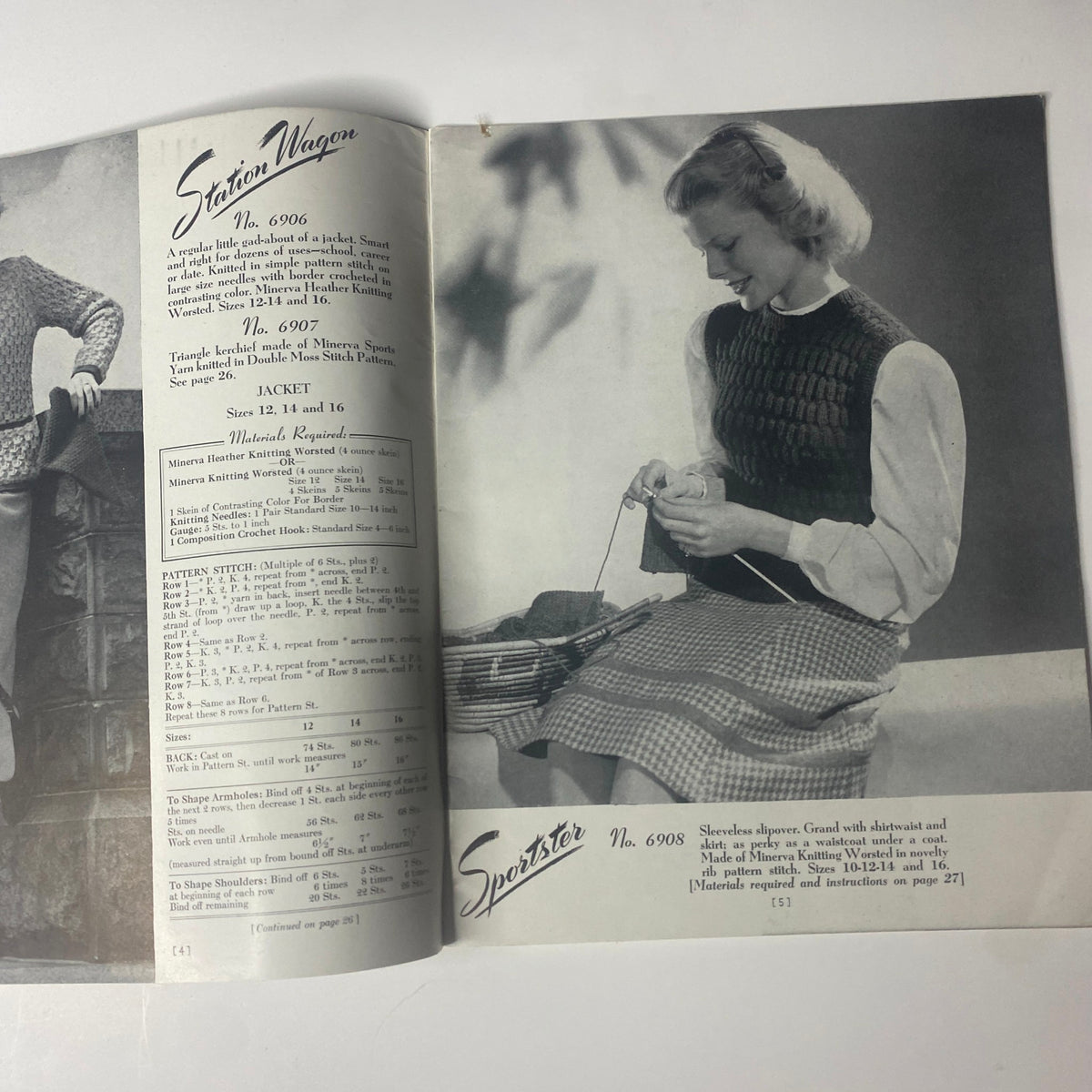 Interior page from the 1940s Short-n-Sweet Catalog displaying the 'Station Wagon' jacket pattern alongside a woman knitting, highlighting knitwear fashion from the 1940s.
