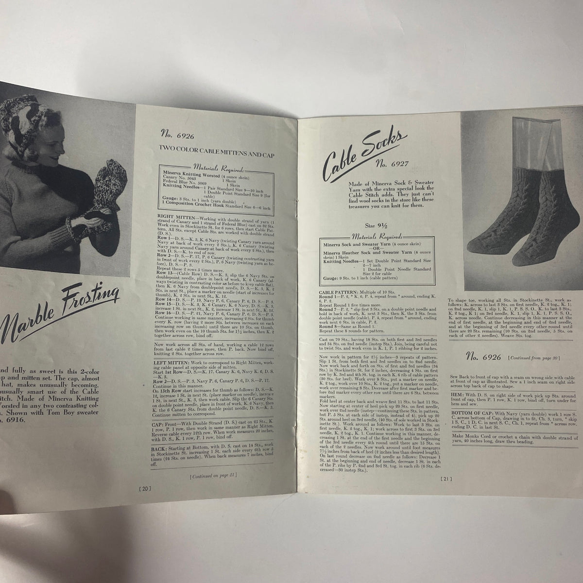 Page spread from the 1940s Short-n-Sweet Catalog featuring the 'Marble Frosting' pattern along with stylish knitted mittens, representing 1940s knitwear craftsmanship.