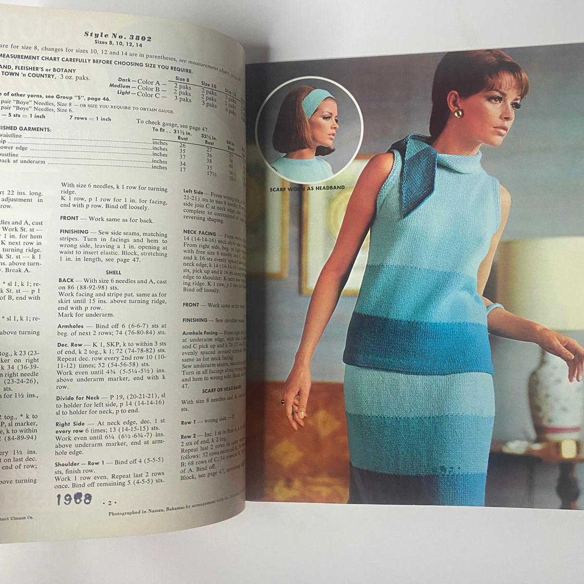 Interior page from 1968 Vol 38 Couture Handknits Bear Brand Fleisher Botany Catalog featuring a stylish sleeveless color-block top and skirt, demonstrating modern knitwear design.