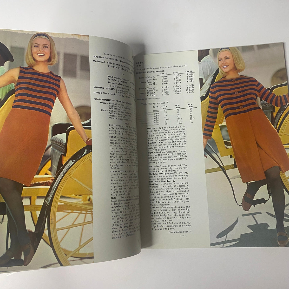 Another layout from 1968 Vol 38 Couture Handknits Bear Brand Fleisher Botany Catalog displaying a woman in a vintage orange and brown striped dress, highlighting classic knit fashion.