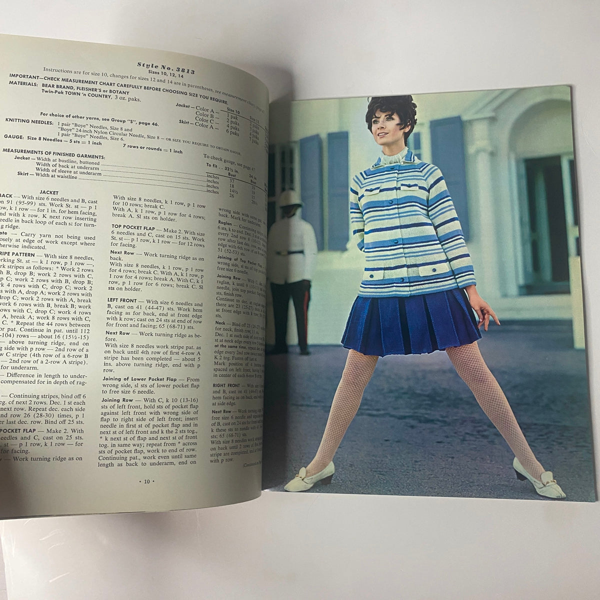 Image from 1968 Vol 38 Couture Handknits Bear Brand Fleisher Botany Catalog presenting a model in a striped knit jacket and pleated skirt, reflecting 1960s fashion trends.