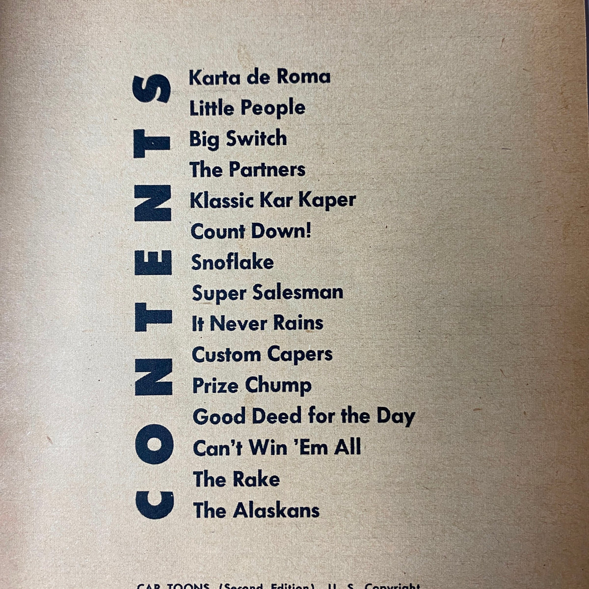 Contents page of the 1960 Second Edition Car Toons Comic Magazine by Millar and Williams, listing stories such as 'Karta de Roma,' 'Little People,' and 'Count Down!'