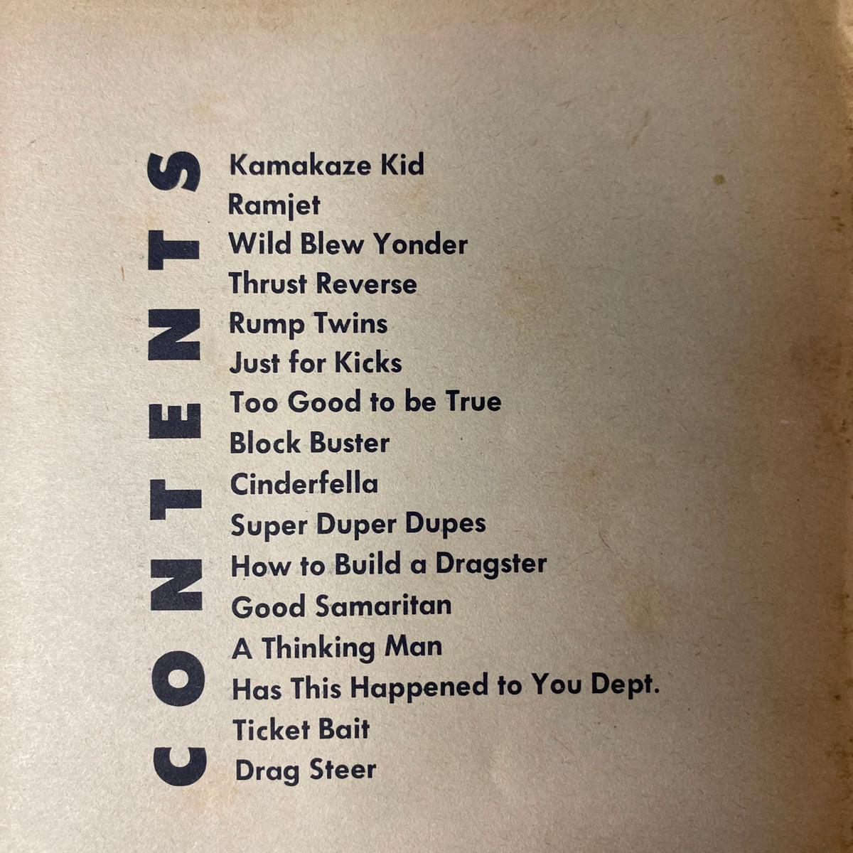 Contents page of the 1961 Summer Car Toons Comic Magazine by Millar, listing titles of comedic features such as 'Kamakaze Kid', 'Ramjet', and 'How to Build a Dragster'.