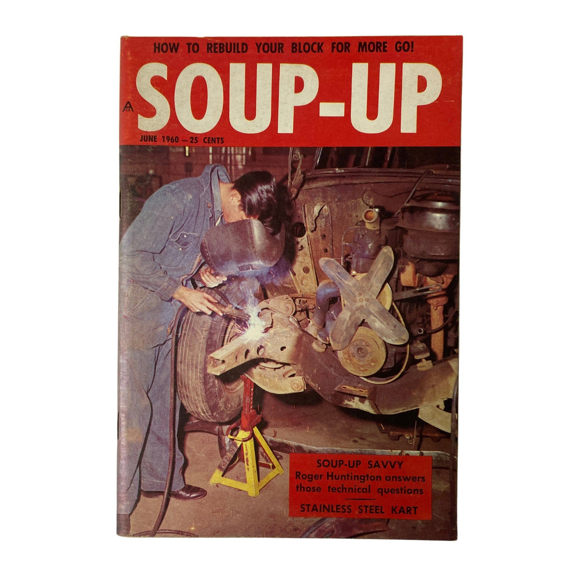 Cover of Soup-Up Magazine from June 1960 featuring the title 'How To Rebuild Your Block For More Go'. The cover showcases a mechanic working on a car engine, emphasizing performance and hot rod culture.