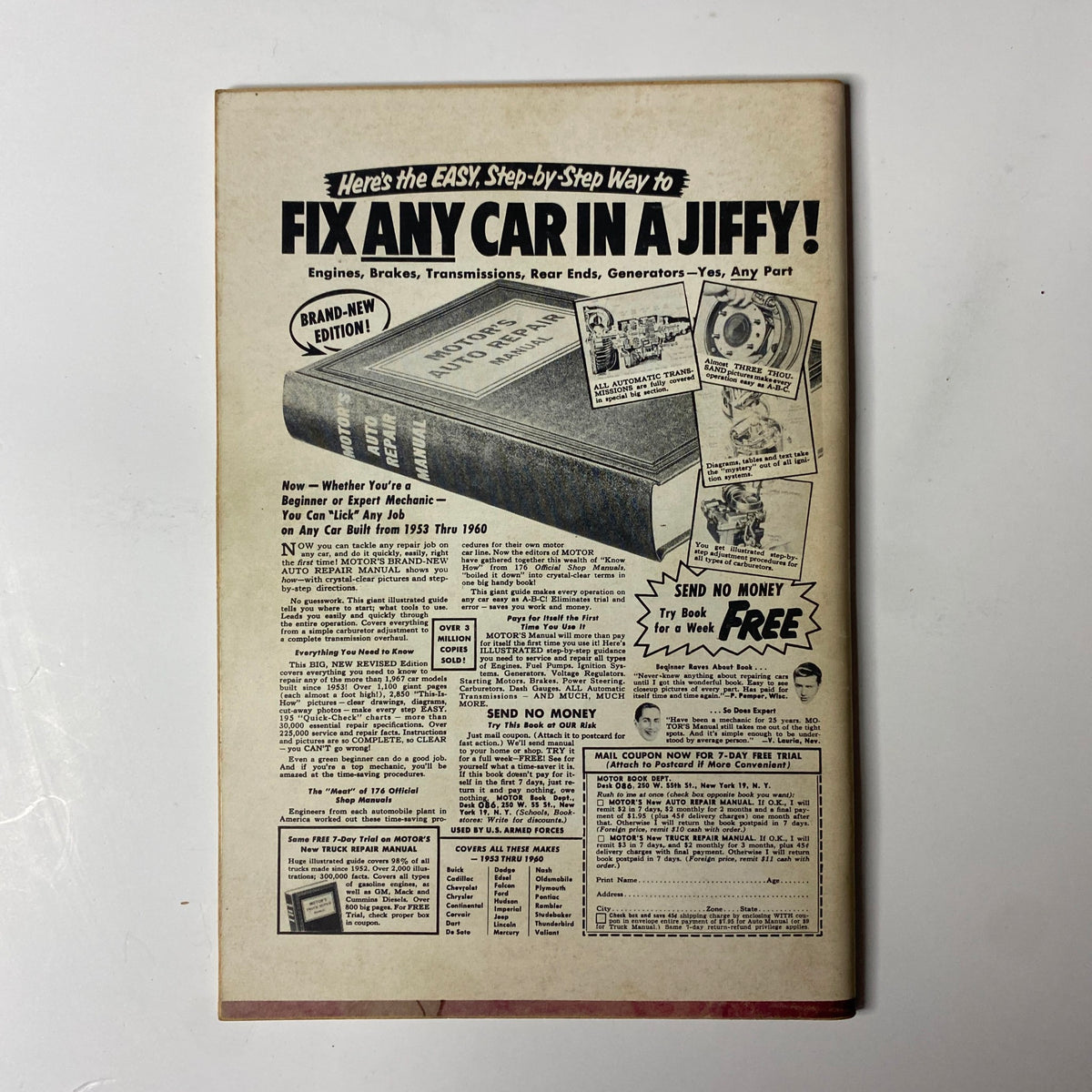 Back cover of Soup-Up Magazine June 1960, promoting a comprehensive guide to automotive repairs. The advertisement highlights various services including engine, transmission, and generator repairs, showcasing tools and techniques for car maintenance.