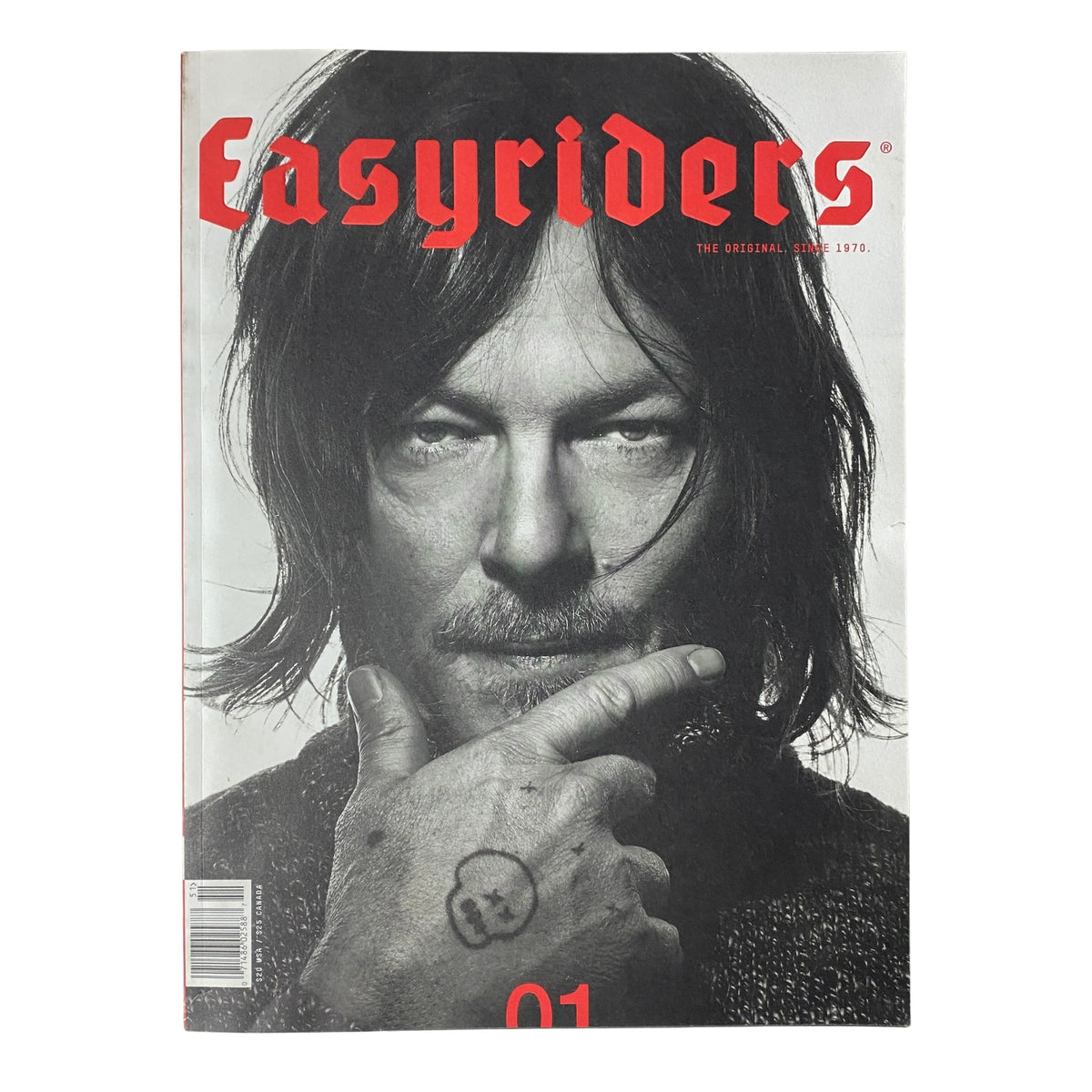 Easyriders Magazine 2020 No. 1 Norman Reedus Cover featuring a close-up of Norman Reedus with a serious expression. Ideal for collectors of motorcycle culture and fans.
