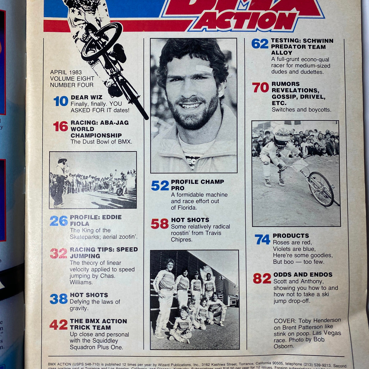 BMX Action Magazine April 1983 Vol 8 No. 4 showcasing the contents with articles on racing tips, BMX profiles, and features including Eddie Fiola and the ABA-JAG World Championship.