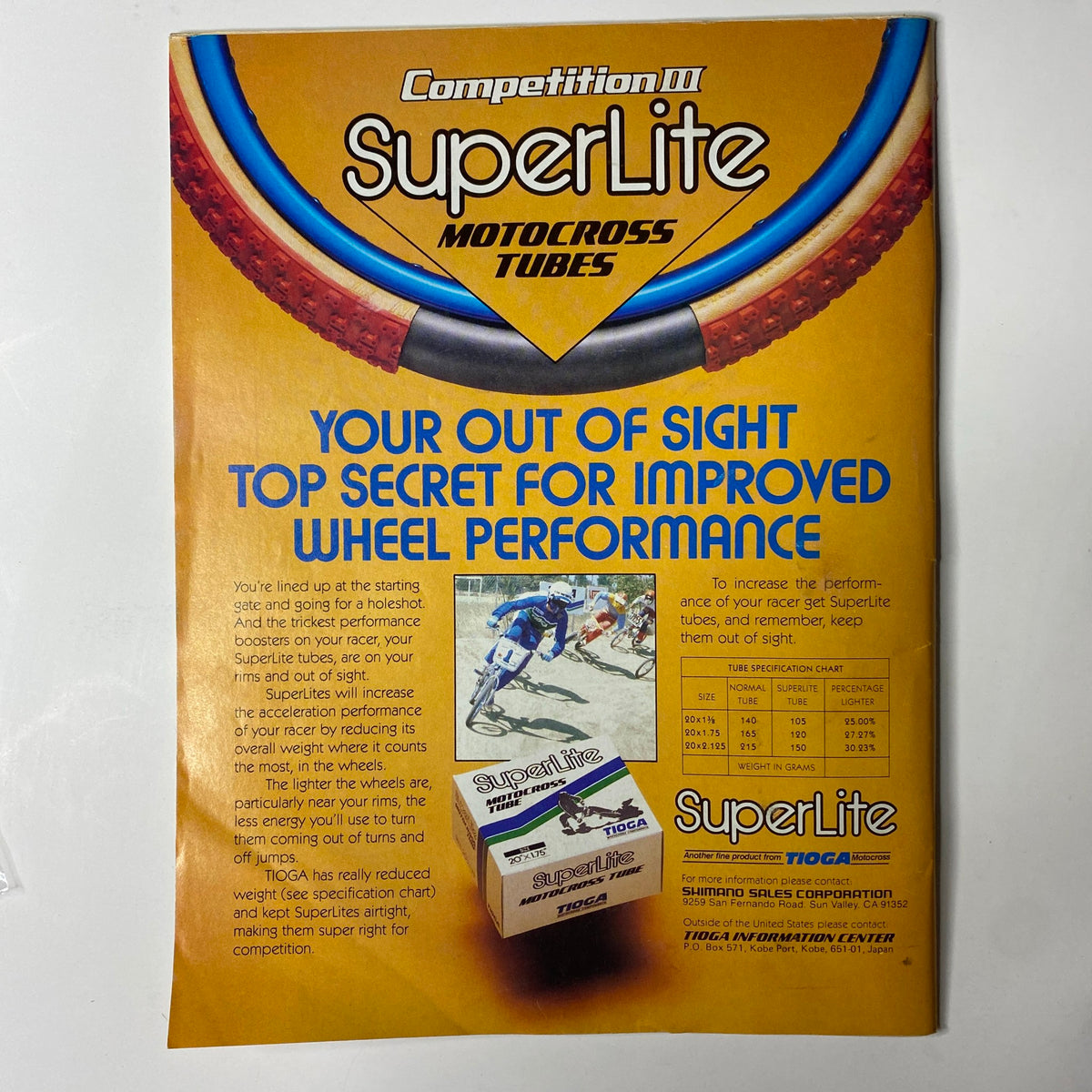 Advertisement for SuperLite motocross tubes featured in BMX Action Magazine April 1983 Vol 8 No. 4 with a focus on improved wheel performance.