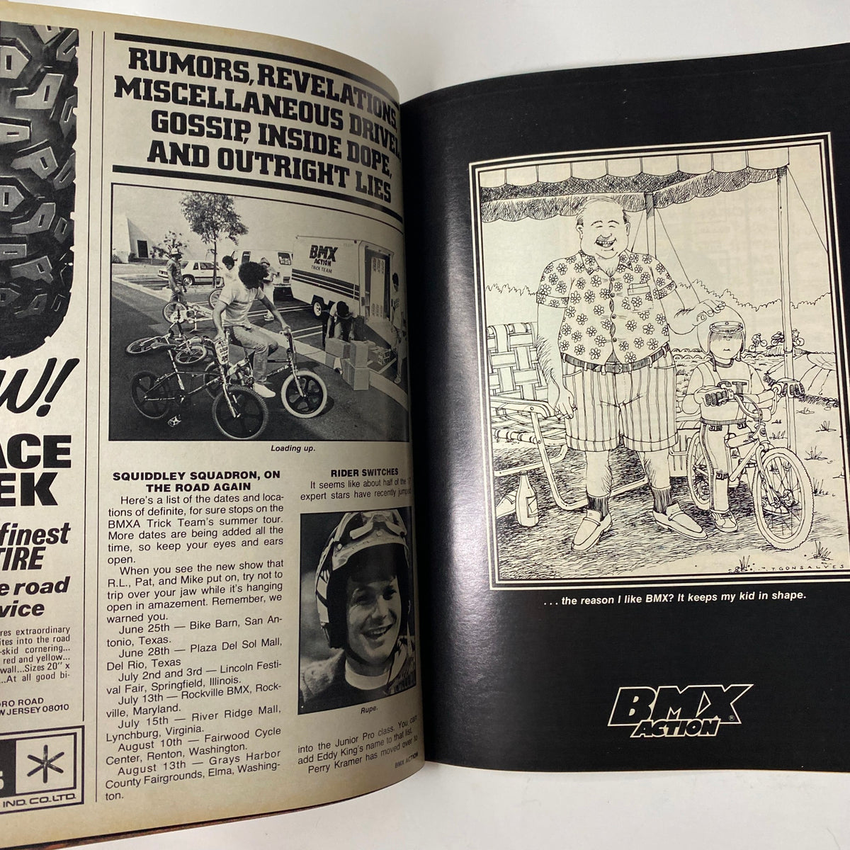 Another spread from BMX Action Magazine July 1983 Vol 8 No. 7, featuring casual BMX riders, a humorous drawing, and advertisements related to BMX culture.