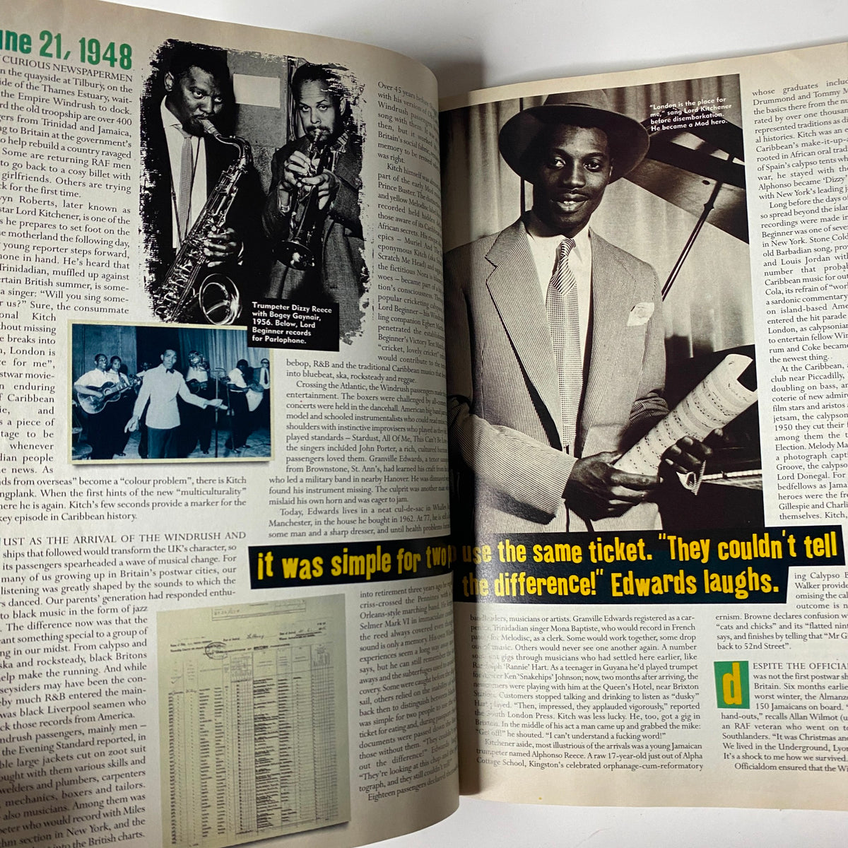 Page from Mojo Music Magazine July 1998 featuring Frank Sinatra, showcasing images of musicians and historical musical references, complemented by an article about the Empire Windrush.