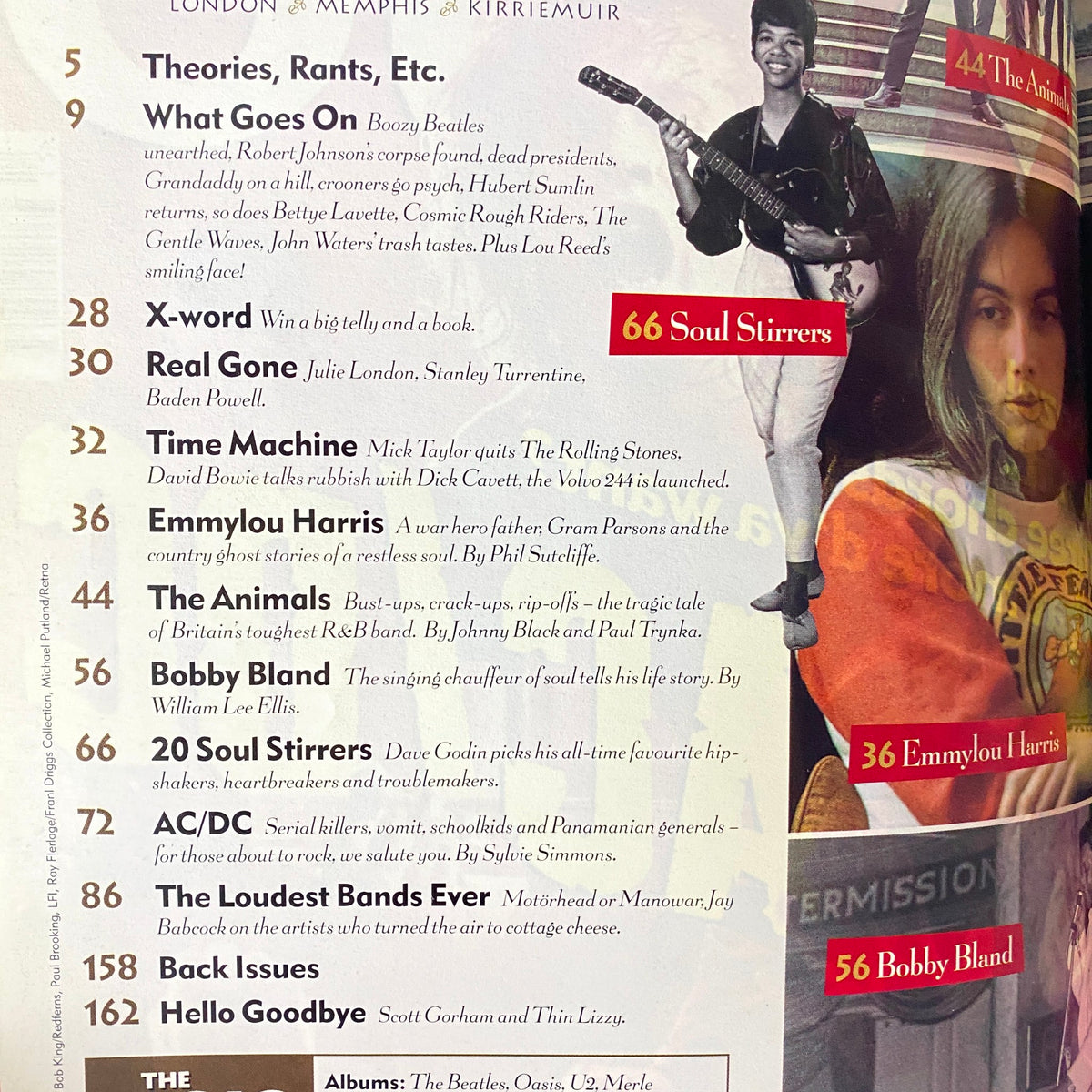 Inside page of Mojo Music Magazine December 2000 detailing articles on various artists including Emmylou Harris and Bobby Bland, along with a collage of features and page numbers.