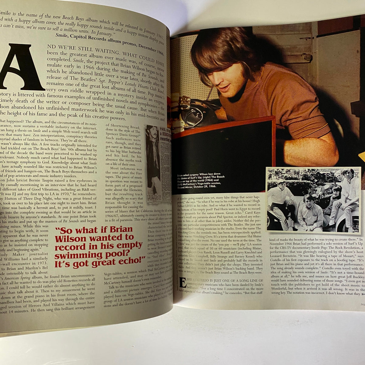 Another interior page from Mojo Music Magazine February 2002 discussing Brian Wilson’s creative process and challenges while recording 'Smile', accompanied by an image of Wilson.