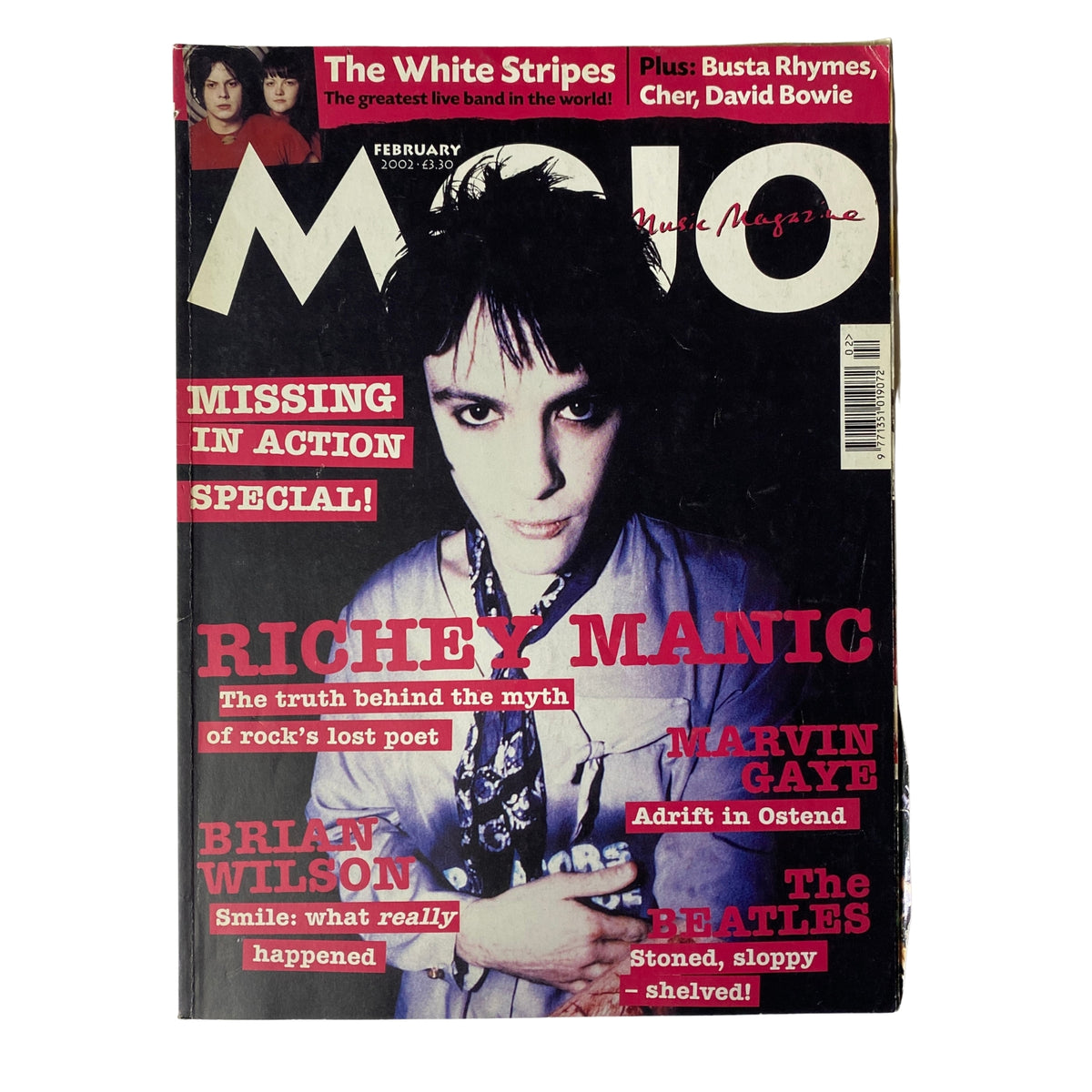 Mojo Music Magazine February 2002 cover featuring Richey Manic, highlighting features on Marvin Gaye, Brian Wilson, and The White Stripes.