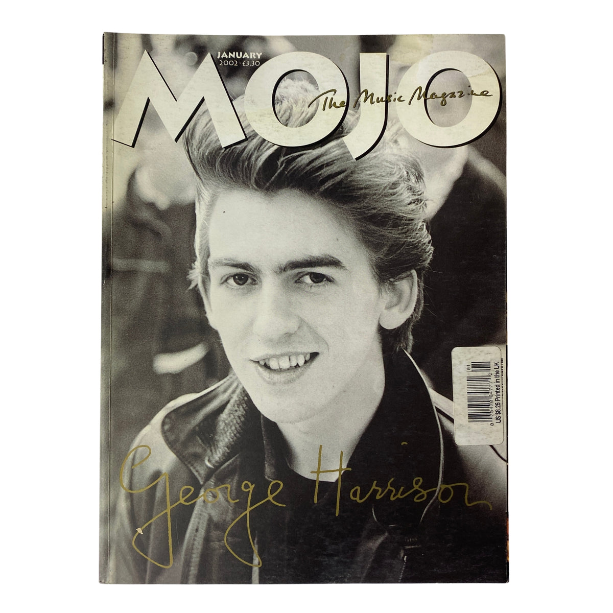 Cover of Mojo Music Magazine January 2002 featuring a tribute to George Harrison with a classic black and white photograph of him smiling.