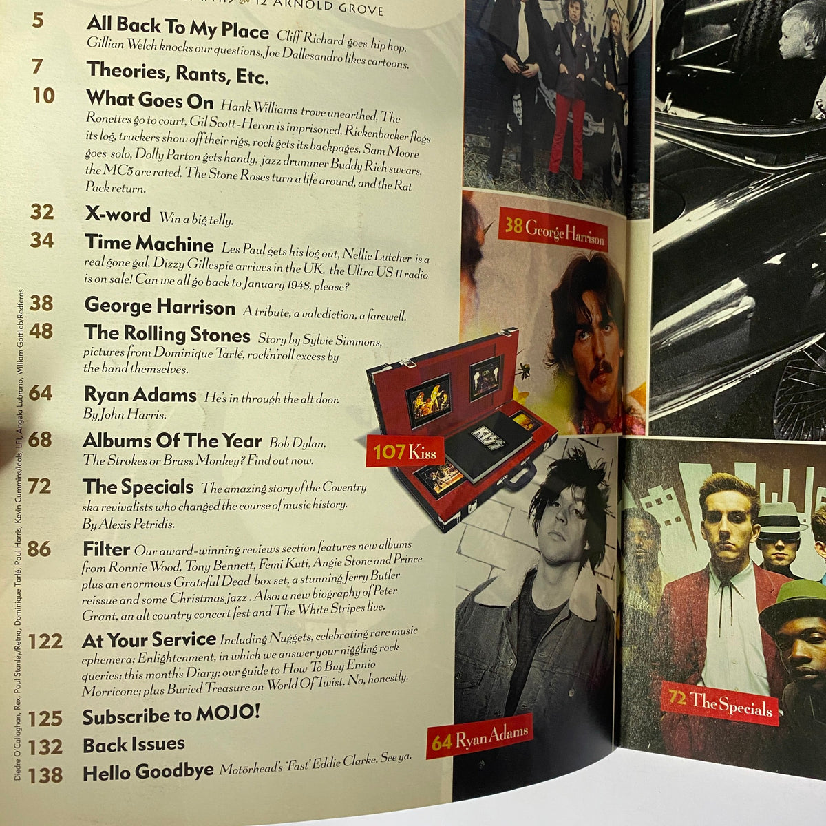Inside page of Mojo Music Magazine January 2002 showcasing contents including features on George Harrison, The Rolling Stones, and Ryan Adams.