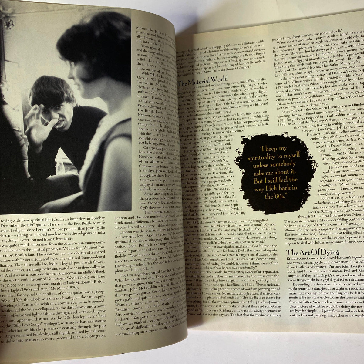 Another page from Mojo Music Magazine January 2002 featuring an interview excerpt with George Harrison, reflecting on spirituality and creativity.