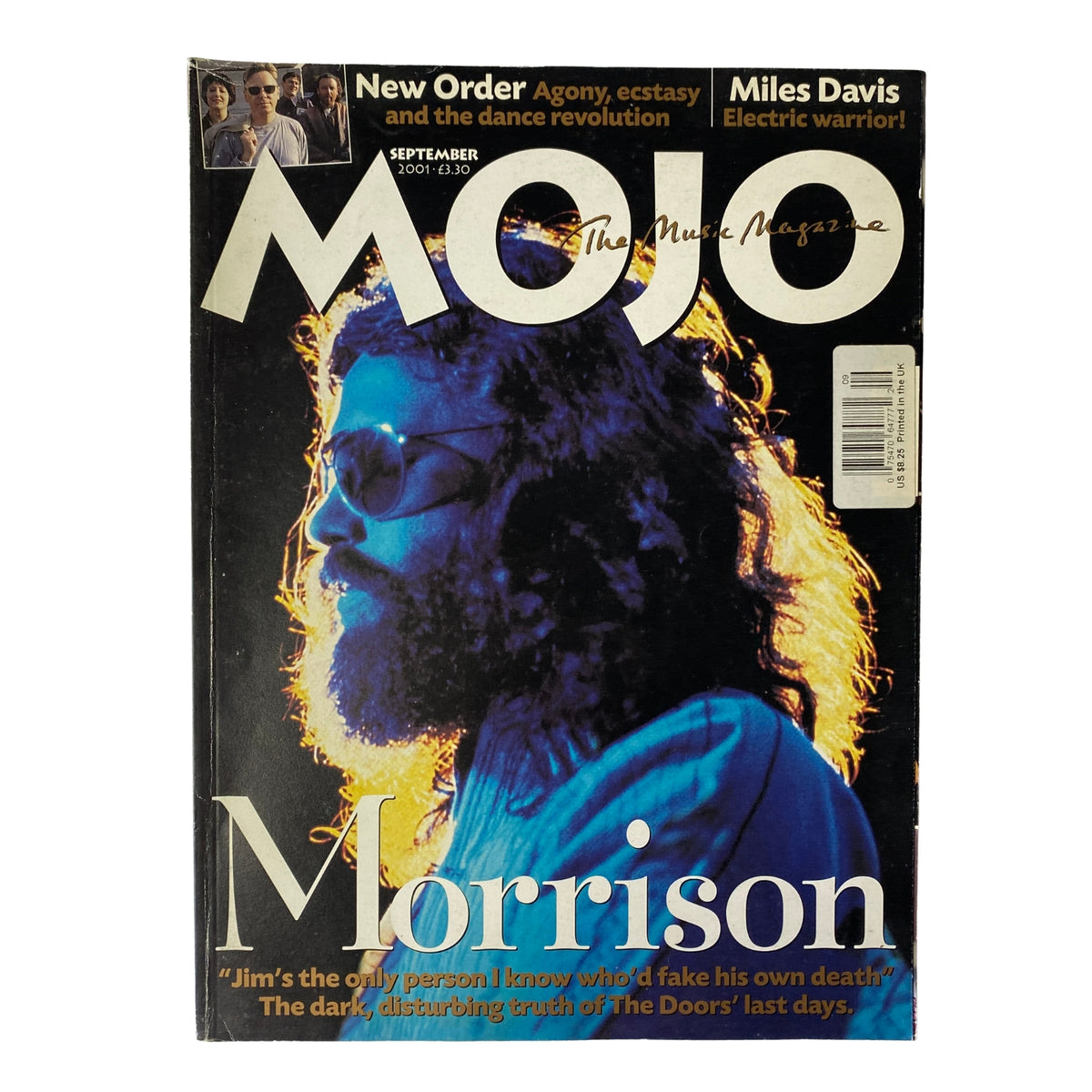 Mojo Music Magazine September 2001 featuring Jim Morrison on the cover. The magazine highlights Morrison's life and his impact on music, described as a dark and introspective issue.