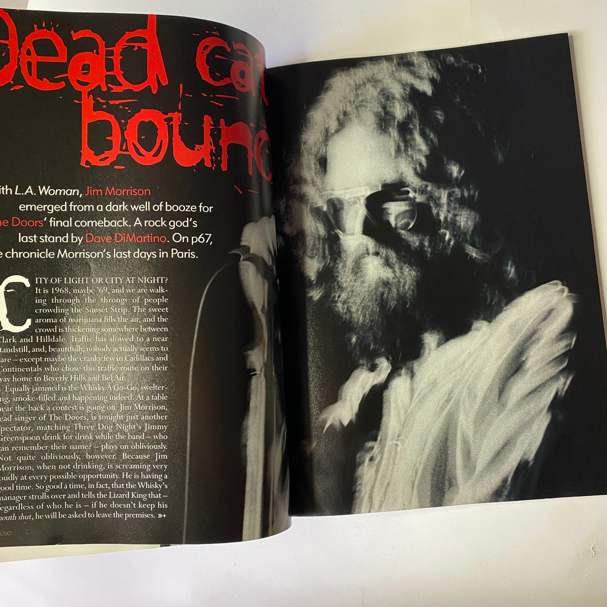 An article from Mojo Music Magazine September 2001 focusing on Jim Morrison's last days and the making of 'L.A. Woman' with a haunting imagery of Morrison.