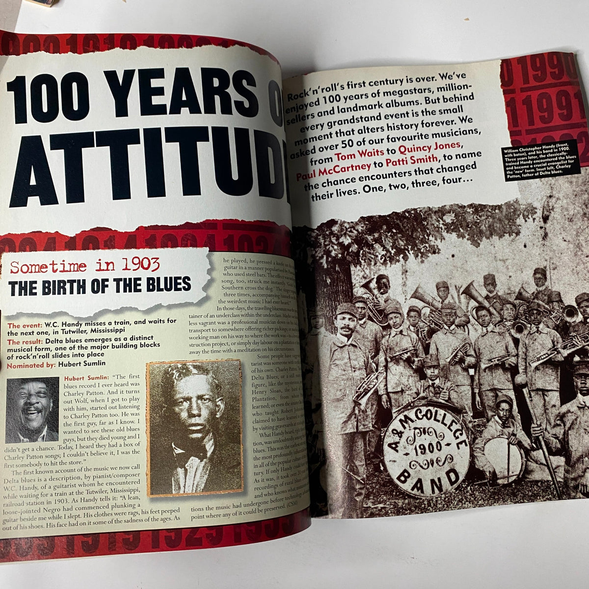Inside spread of Mojo Music Magazine January 2000 featuring '100 Years of Attitude', detailing the evolution of music legends through the century.