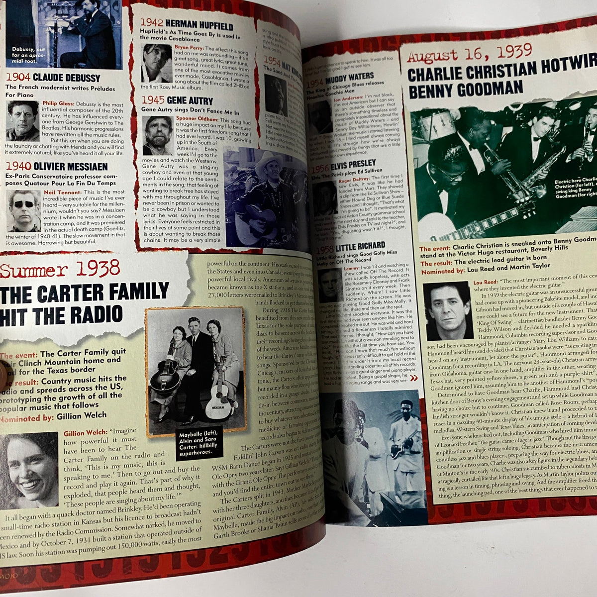 Inside spread of Mojo Music Magazine January 2000 highlighting key events in music history from 1938 to 1999, featuring influential artists including Elvis Presley.