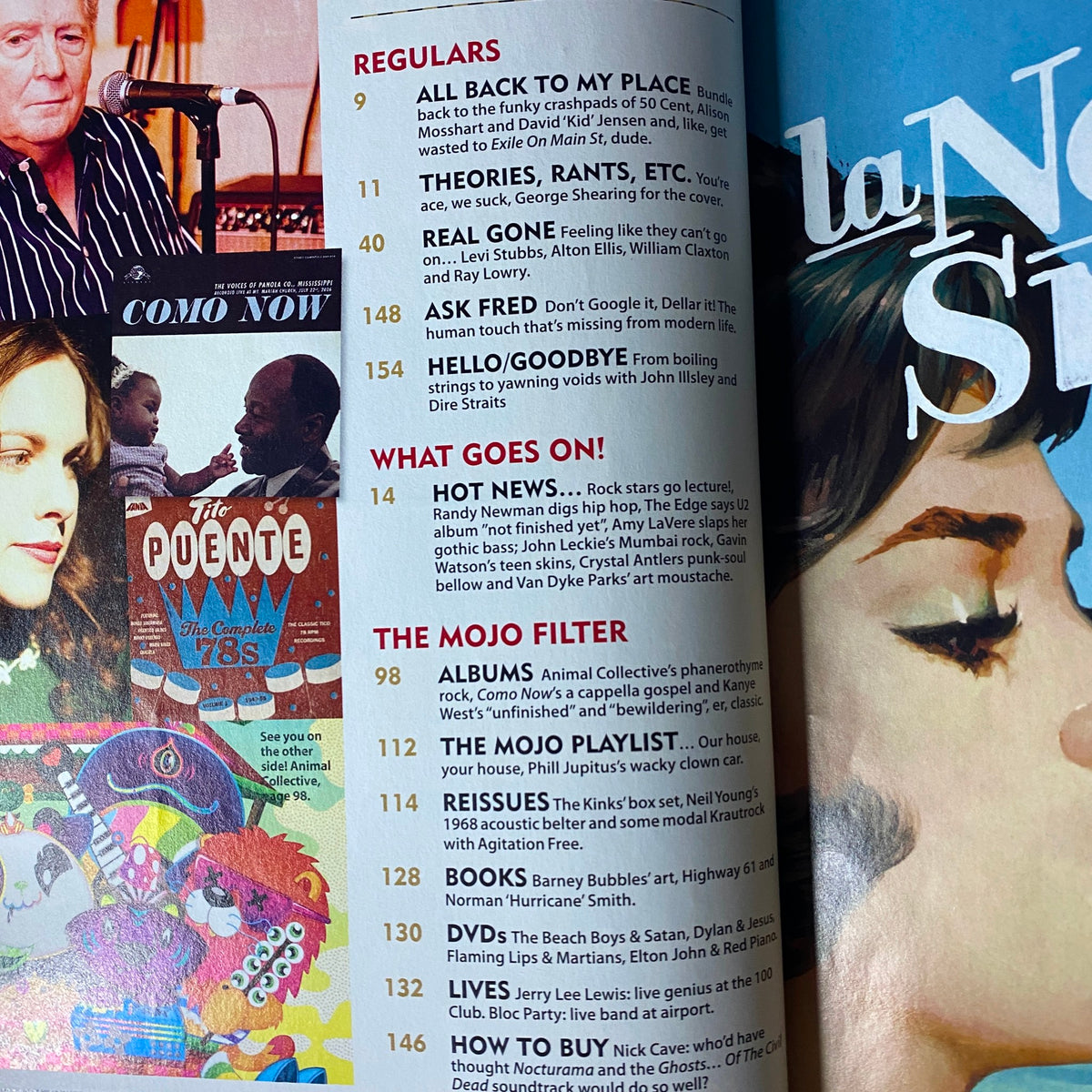 Inside page of Mojo Music Magazine January 2009, showcasing regular features and content summaries, including highlights on music news and album reviews.