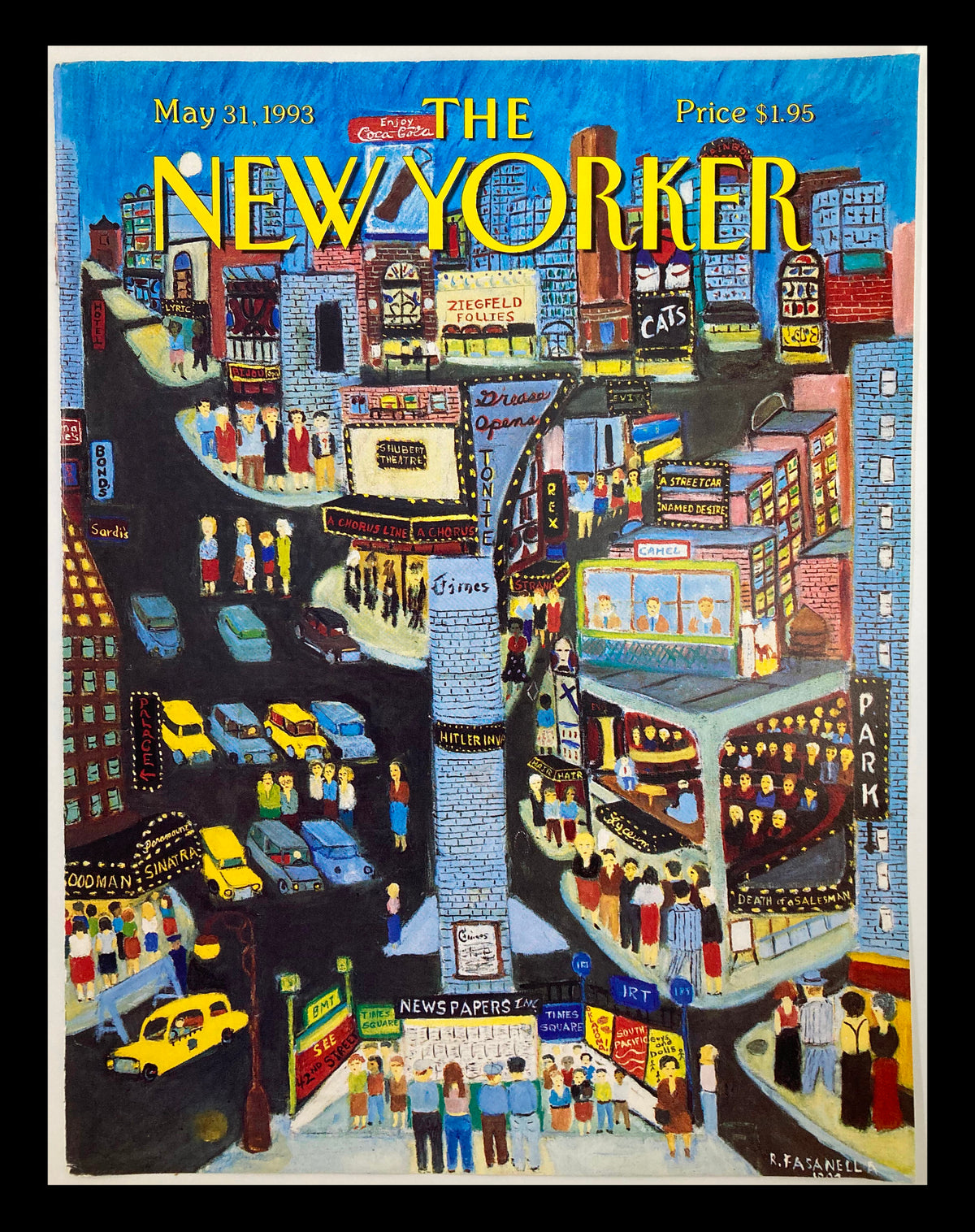 COVER ONLY of The New Yorker dated May 31, 1993, featuring the vibrant artwork 'A Chorus Line' by Ralph Fasanella, depicting Broadway with colorful buildings, theaters, and crowds.