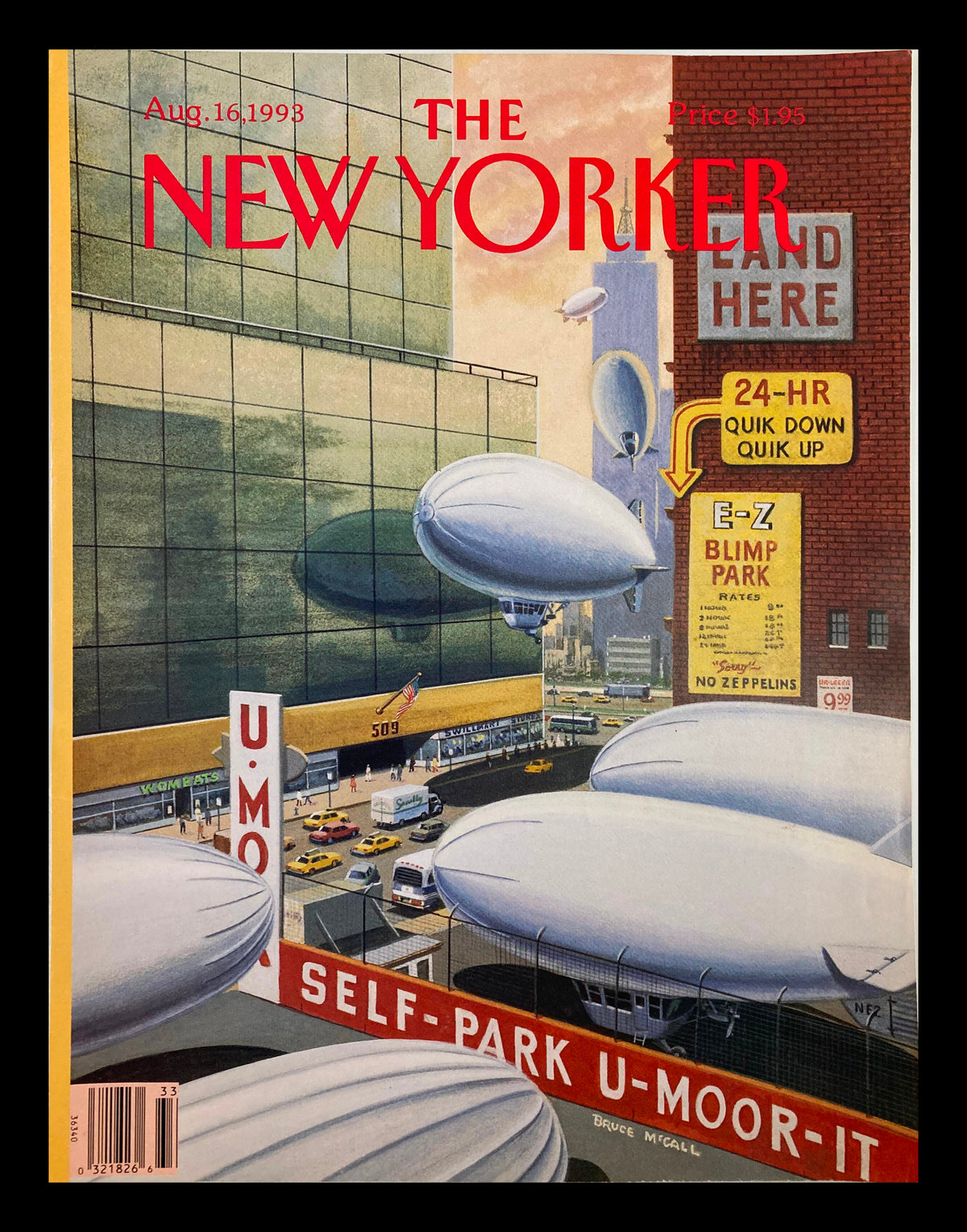 Cover of The New Yorker magazine dated August 16, 1993, featuring the whimsical Blimp Park illustration by Bruce McCall. The cover art displays blimps in a parking scenario against a backdrop of city buildings, capturing a blend of humor and imagination.
