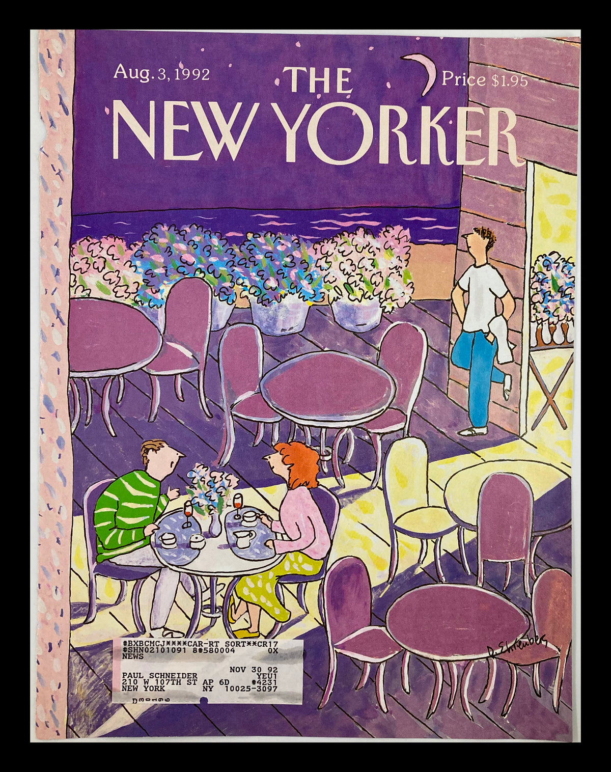 Cover only of The New Yorker dated August 3, 1992, featuring the illustrated artwork titled 'Dinner Date' by Devera Ehrenberg, depicting a romantic dining scene with a couple at a table surrounded by colorful flowers and café seating.