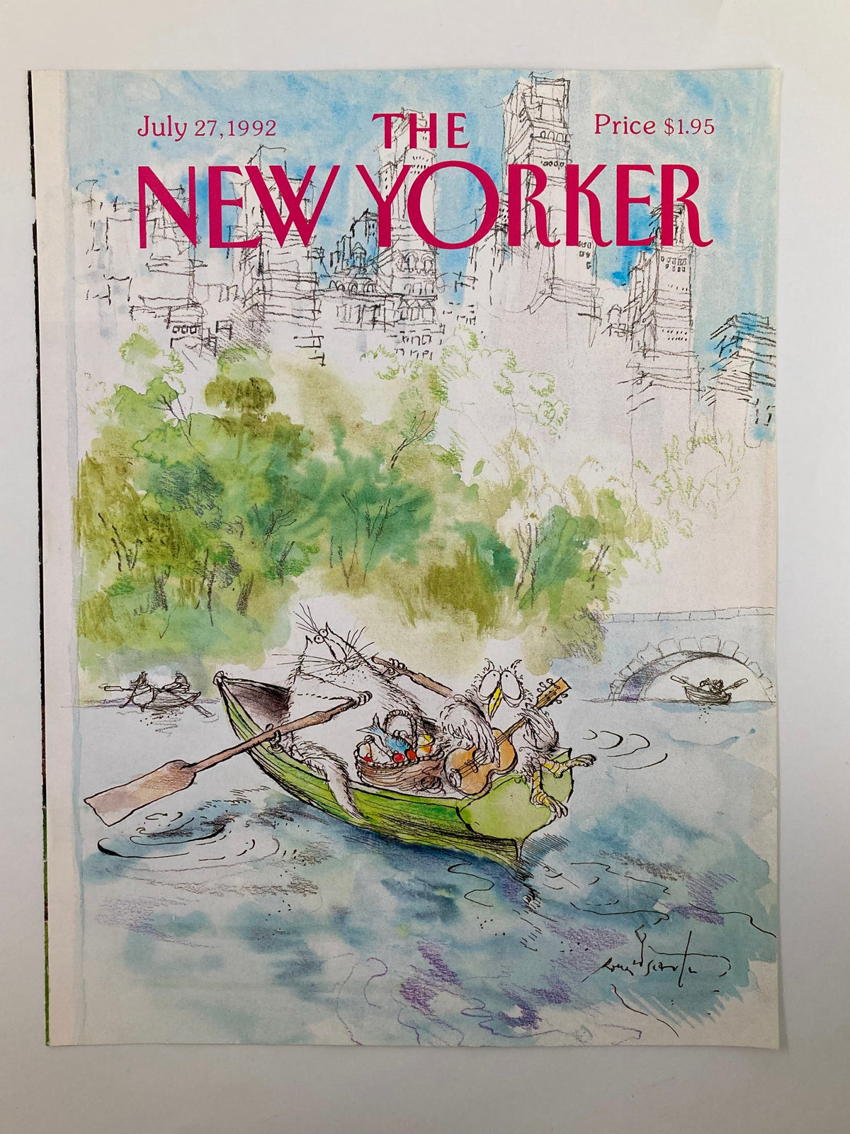 Cover only for The New Yorker July 27, 1992, showcasing a unique artwork of a cat and owl in a rowboat by renowned artist Ronald Searle.