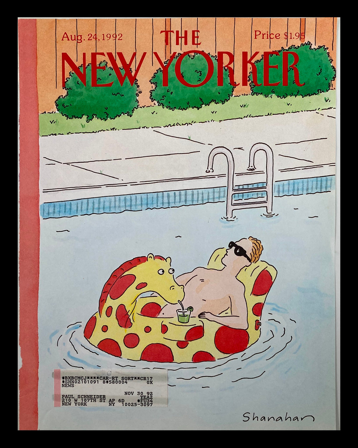 COVER ONLY The New Yorker August 24 1992 Pool Float by Danny Shanahan featuring a whimsical illustration of a man in sunglasses relaxing on a giraffe-shaped pool float.