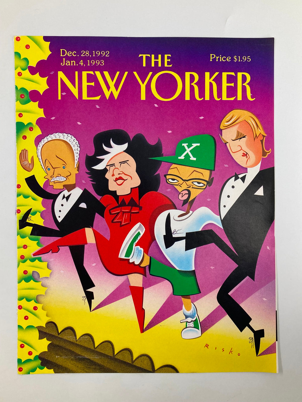 The New Yorker cover dated December 28, 1992, features an eye-catching illustration by Robert Risko, showcasing Broadway characters in a lively scene, reflecting the glamour and excitement of New York theater.
