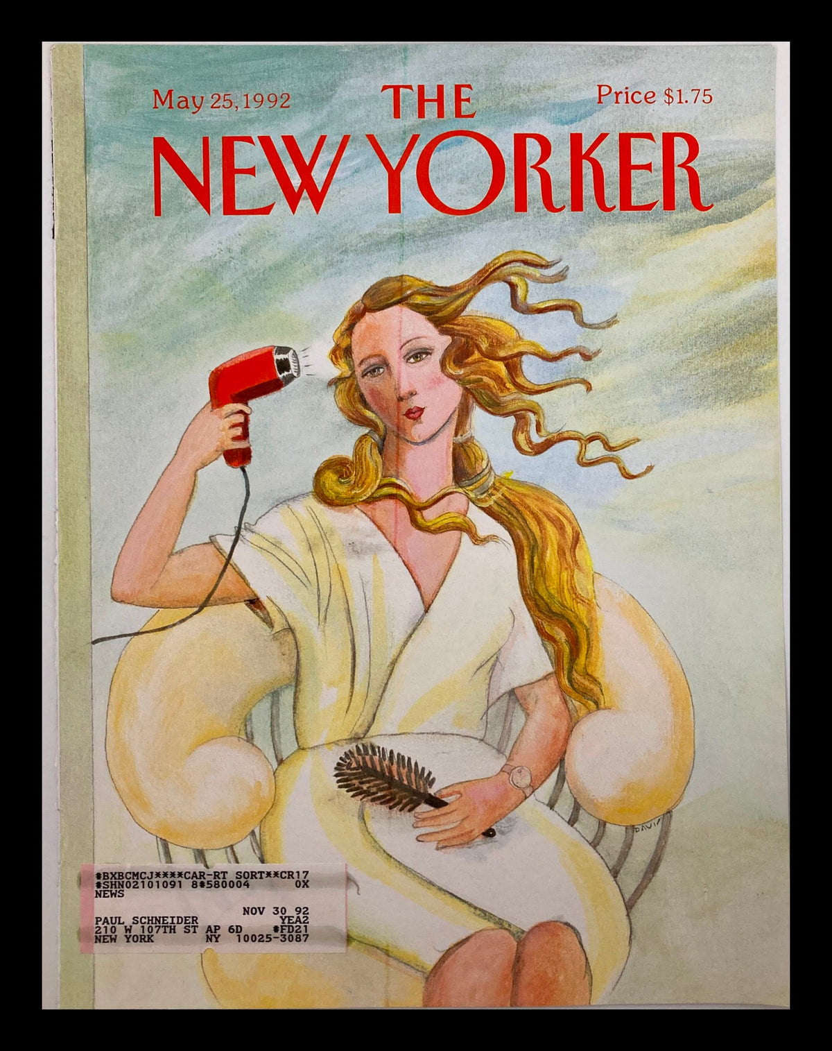 Cover of The New Yorker magazine dated May 25, 1992, featuring a whimsical illustration by Susan Davis of a woman holding a red hair blower, embodying playful elegance.
