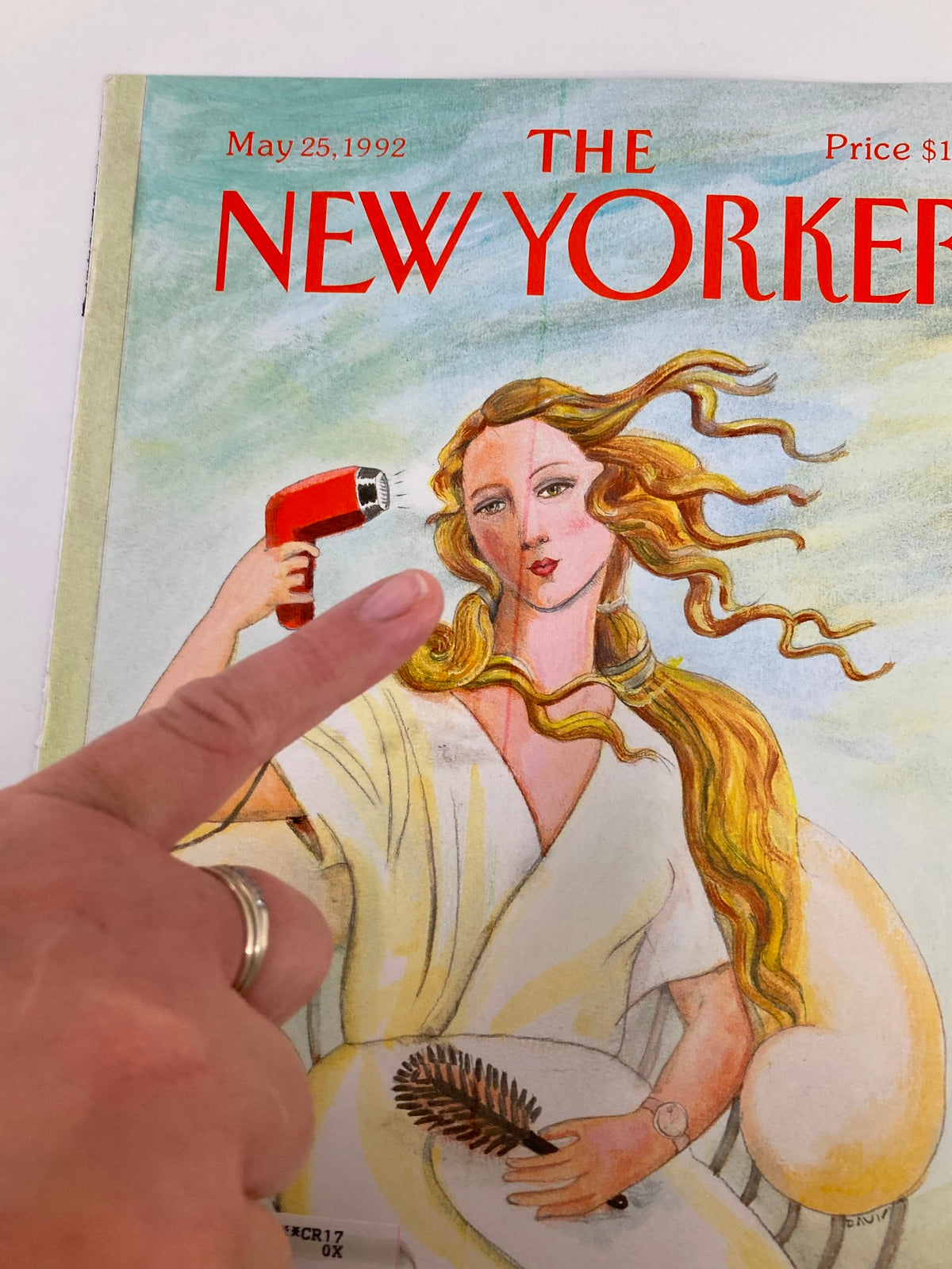 Detailed view of The New Yorker cover from May 25, 1992, showcasing a woman with long hair and a red hair dryer, illustrated by Susan Davis, emphasizing vintage magazine charm.