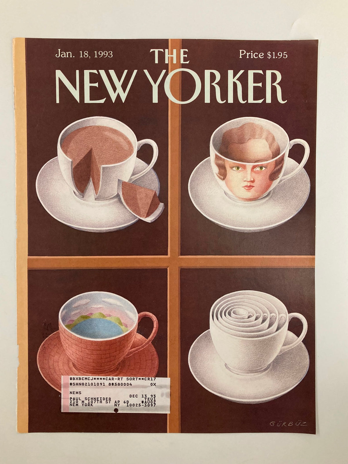 The New Yorker cover from January 18, 1993, illustrating teacup cakes by Gürbüz Doğan Ekşioğlu, featuring colorful and whimsical teacups in a charming layout.