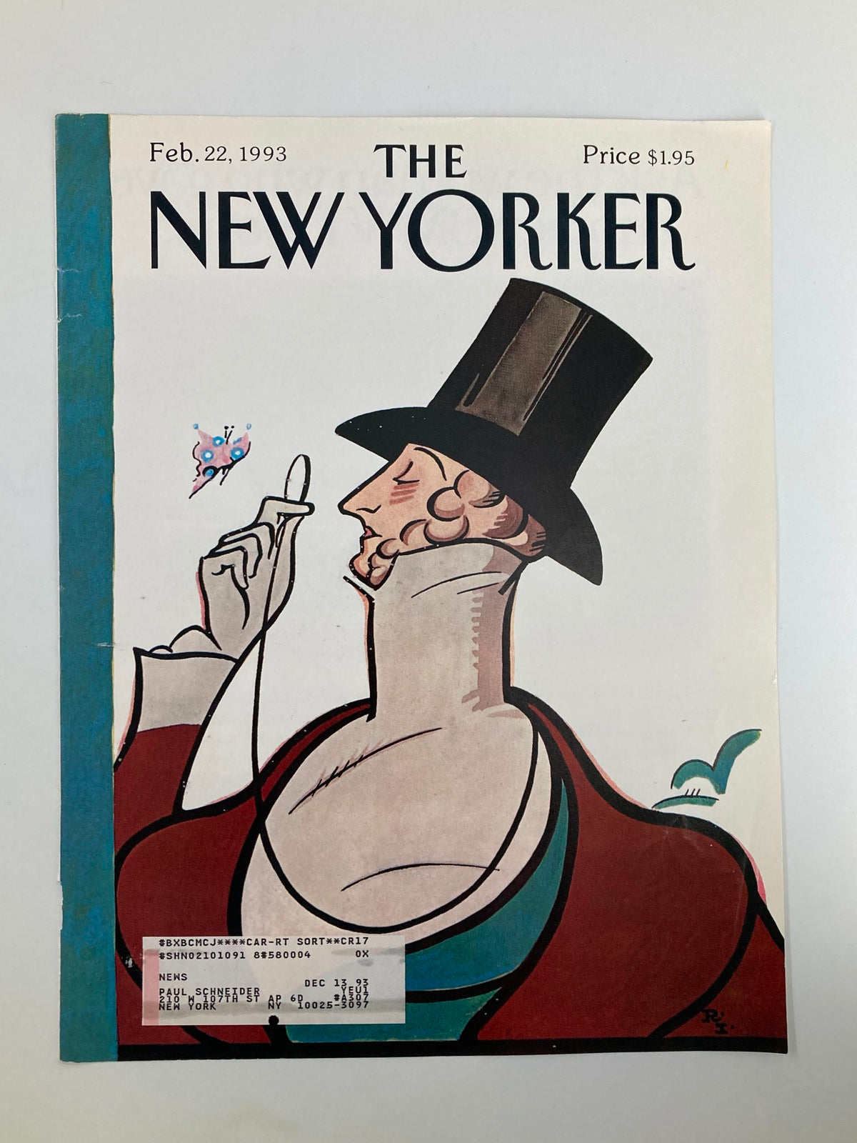 Vintage cover of The New Yorker from February 22, 1993, highlighting the character Eustace Tilley by Rea Irvin, characterized by artistic elements and a nostalgic feel.