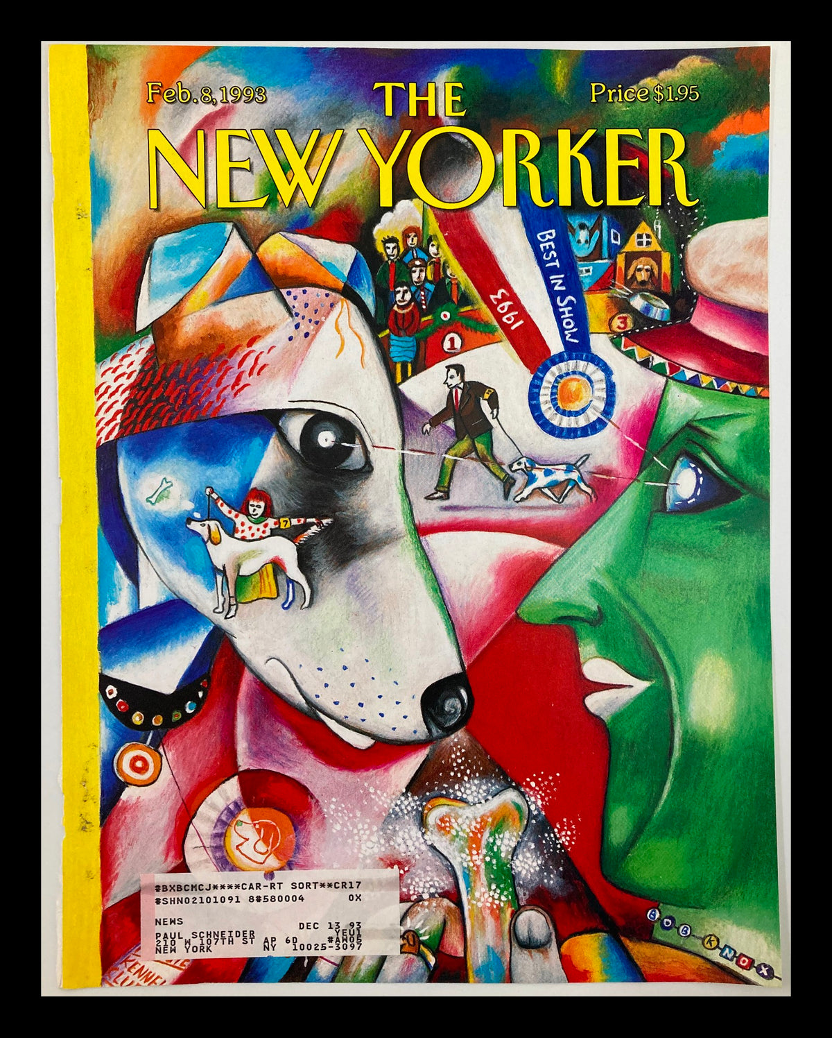 Cover of The New Yorker from February 8, 1993, titled 'Best in Show Dogs' by Bob Knox, featuring vibrant illustrations of dogs and dog show scenes.