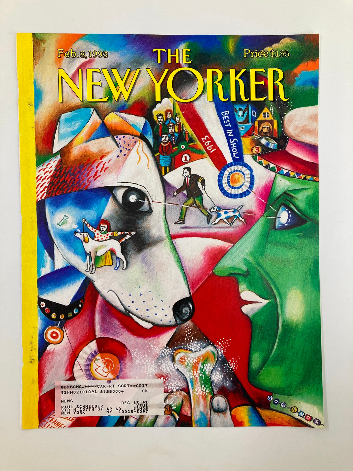Cover of The New Yorker from February 8, 1993, titled 'Best in Show Dogs' illustrated by Bob Knox, featuring colorful artwork depicting a dog show scene with vibrant colors and whimsical characters.