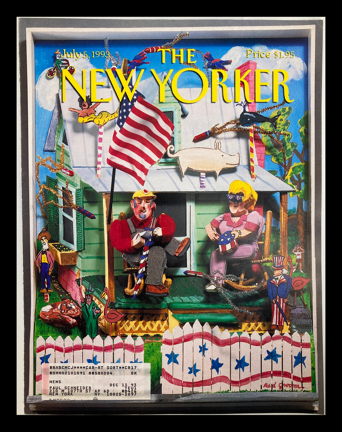 Cover of The New Yorker, July 5, 1993, titled 'The Glorious Fourth' by Red Grooms, featuring a vibrant depiction of American life including characters celebrating with a flag, festive decor, and a classic porch scene.