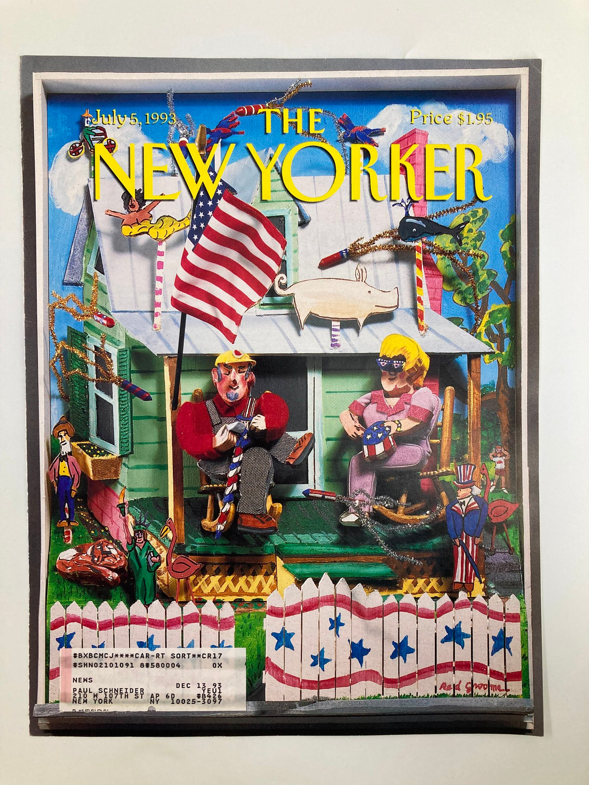 The New Yorker cover from July 5, 1993, illustrated by Red Grooms, showcasing a lively scene with figures enjoying a patriotic celebration on a porch, adorned with American flags and colorful decorations.