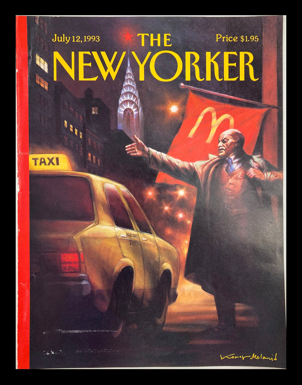 Cover of The New Yorker July 12, 1993, titled 'A Cab' by Vitaly Komar, featuring a taxi in urban setting with a figure holding a flag.