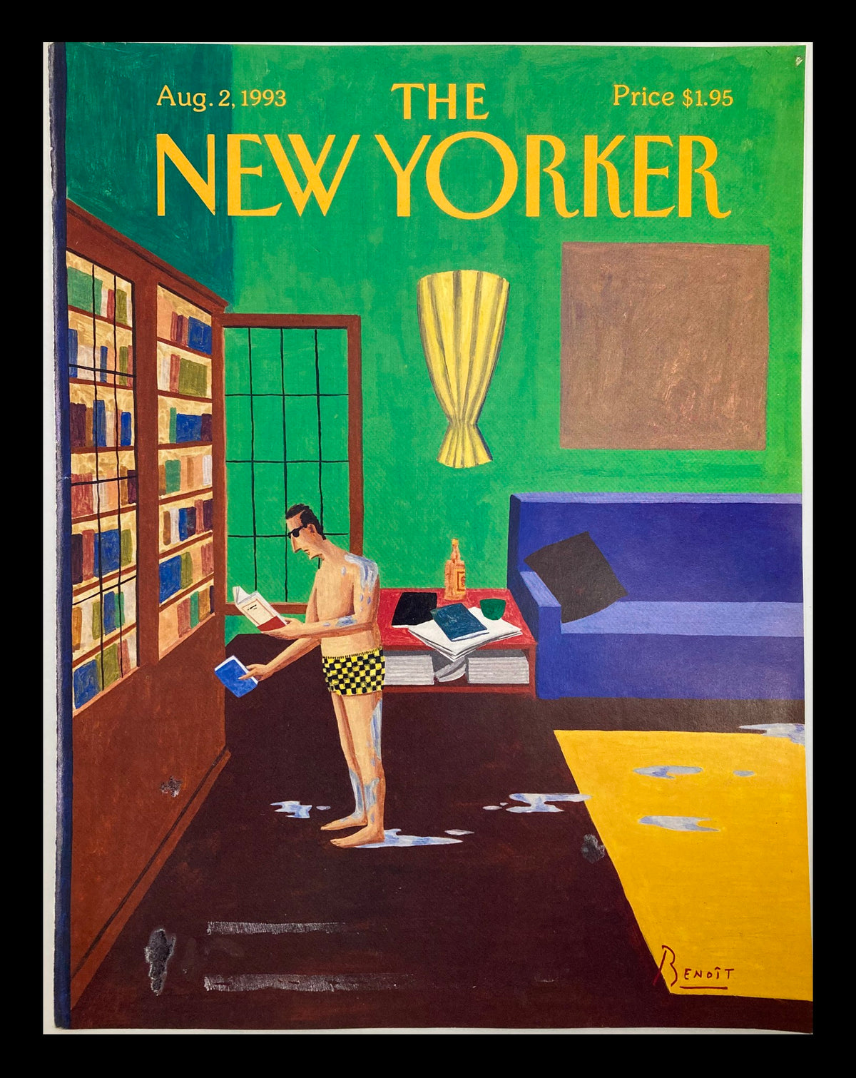 Cover of The New Yorker magazine from August 2, 1993, featuring artwork 'How To Swim' by Benoit van Innis, depicting a man in swim trunks reading near a bookshelf in a colorful room.