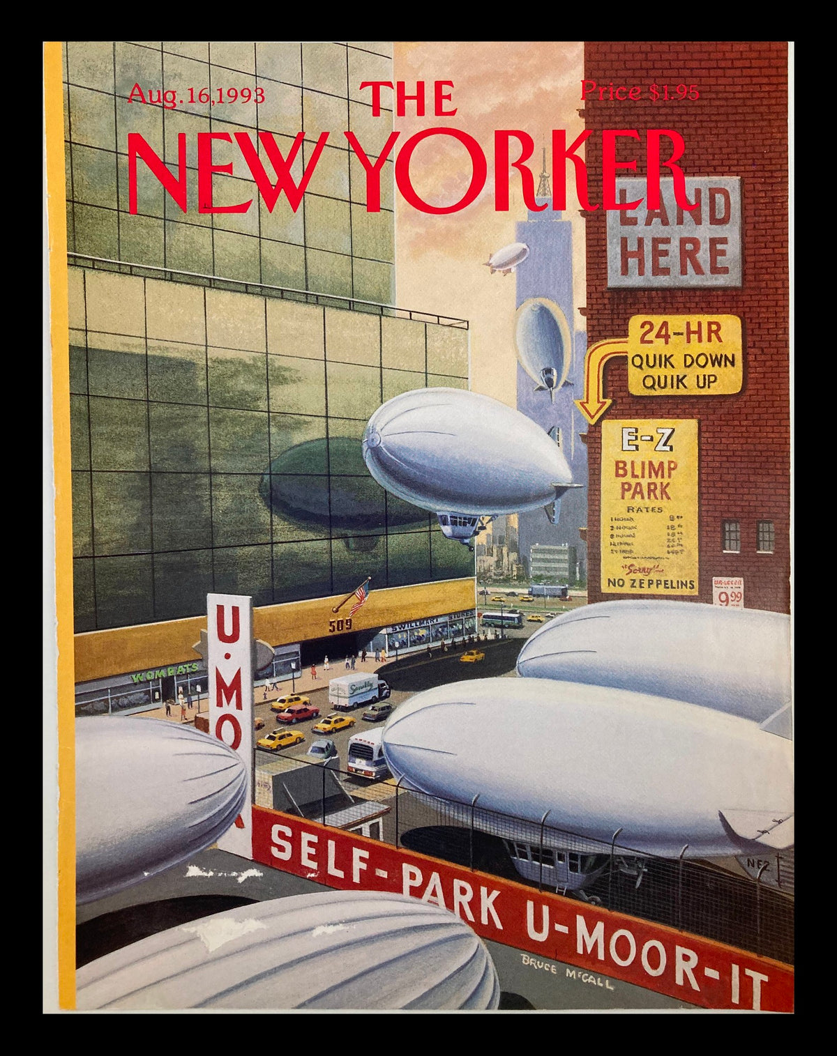 Cover of The New Yorker dated August 16, 1993, titled 'Blimp Park' by Bruce McCall, featuring whimsical blimps and urban scenery.