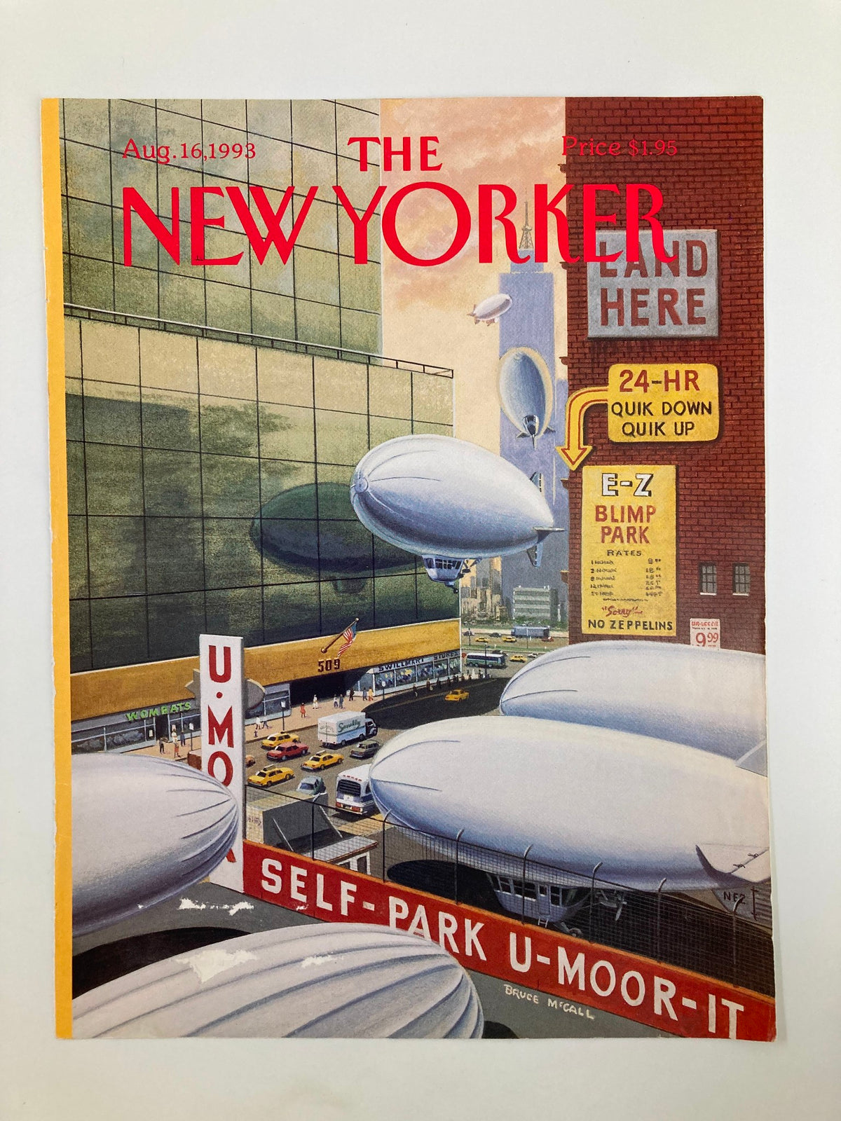 Artistic cover of The New Yorker, August 16, 1993, showing blimps and a cityscape, titled 'Blimp Park' by Bruce McCall.